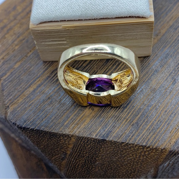 NEW amethyst glass large sparkling cocktail ring gold plated sz 9 - Picture 10 of 10